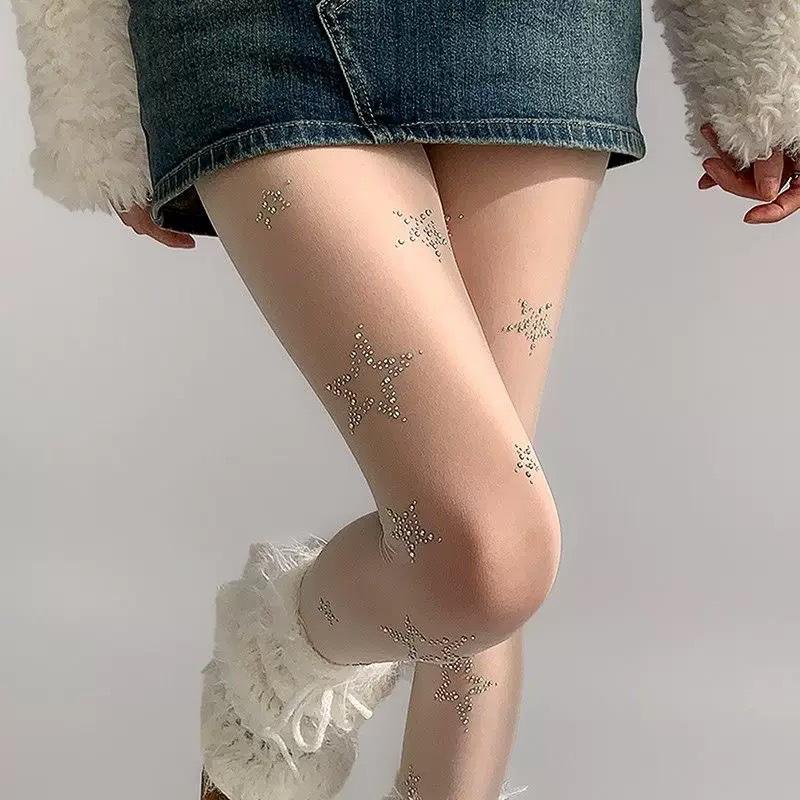 Ultra-Thin Black & White Rhinestone Net Stockings for Women - Sexy, Trendy JK Style Pantyhose for Spring & Summer