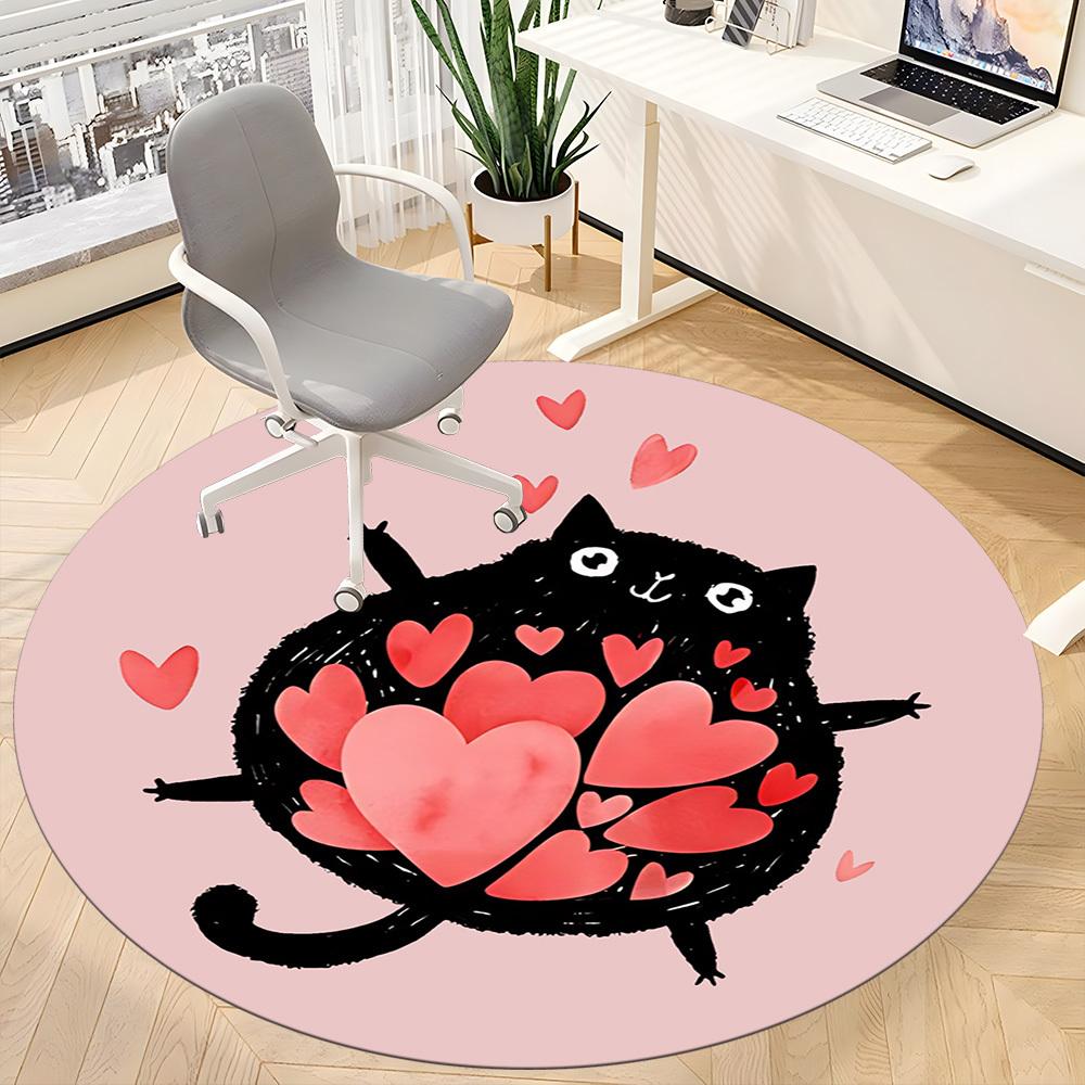 1pc Love Cat Office Round Area Rug, Indoor Mat Suitable For Office, Under Office Chairs Bedroom Living Room Home Decor, Room Deco 189