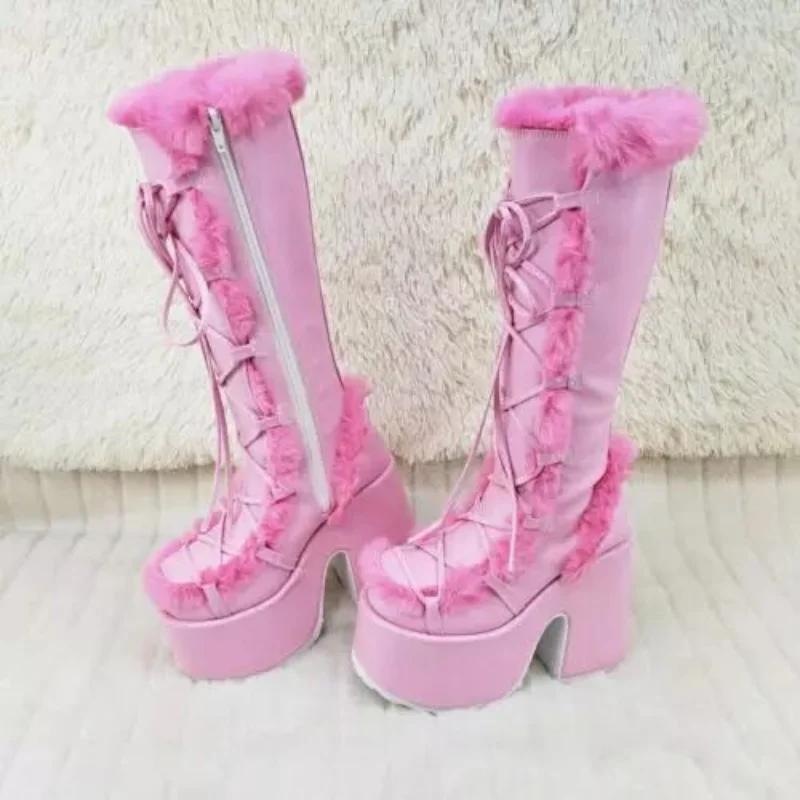 Winter Women Snow Boots Platform Wedge High Heel Faux Fur Lady Shoes Female Plush Warm Non-slip Mid Calf Boots Goth Shoes