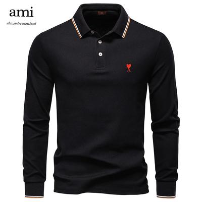 AMI 2025 Autumn New Embroidery Men's Long Sleeved Polo Shirt, Solid Color Men's Top with Lapel, Versatile Polo Shirt for Men