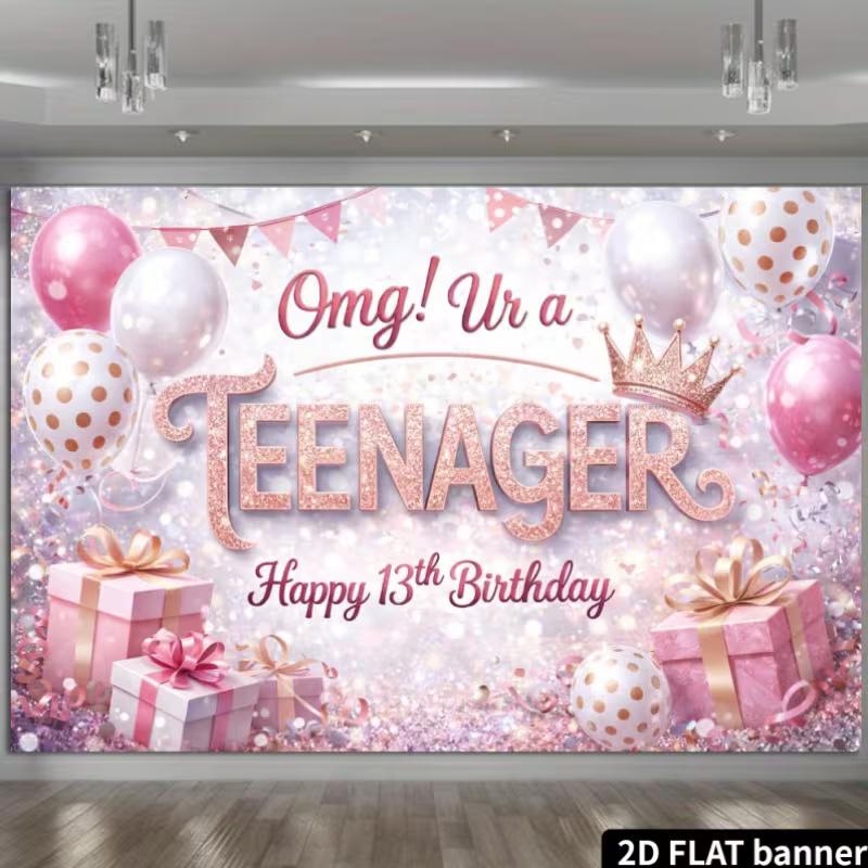 2D 13th Birthday Photography Backdrop Rose Gold Glitter & Crown Photo Booth Banner