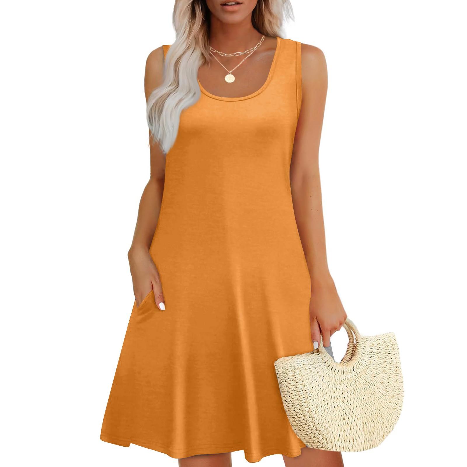 

Женский повседневный сарафан с карманами, летнее пляжное платье в стиле бохо, праздничные платья для женщин, футболки, платья с U-образным вырезом, свободные платья-майки L шафрановый