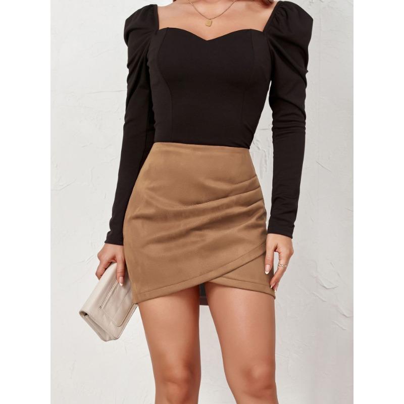 Suede Solid Color Hip-hugging Skirt Autumn and Winter Pleated Irregular Zipper Skirt for Women