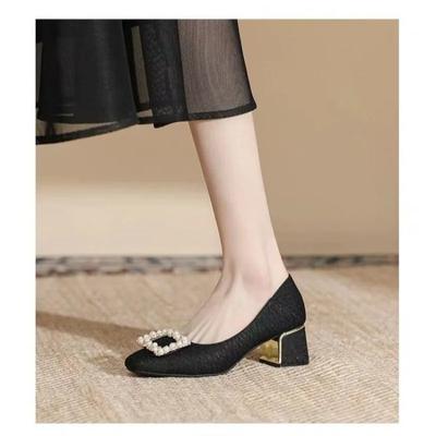 Damen Pumps Perle Dick Mittelhoch 2024 Eckige Zehenpartie Neu Lässig Große Schuhe Frühling Herbst Einfarbig Sneaker Mary Jane Plateau Hochzeit