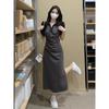 Design Sense Polo Neck Short Sleeve Dress Women's Summer Large Size Pleated Waist Skinny Split Dress