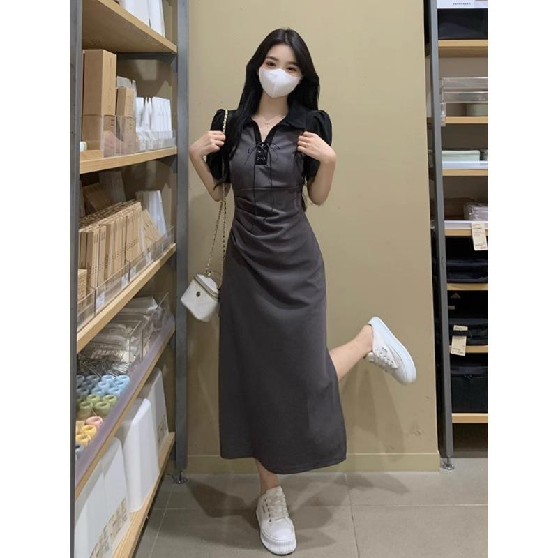 Design Sense Polo Neck Short Sleeve Dress Women's Summer Large Size Pleated Waist Skinny Split Dress