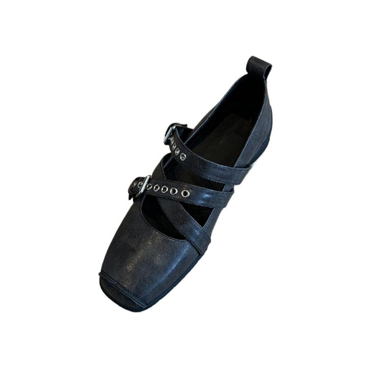 Women's Retro Genuine Leather Shoes 2025 New Shallow Ballet Shoes Women's Cross Button Square Head Flat Mary Jane Shoes
