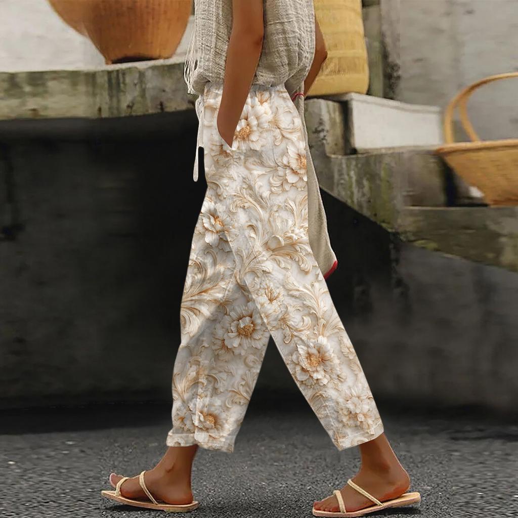 Damen Modische Hose mit Blumenmuster, Kordelzugtaschen und elastischem Bund für Freizeit