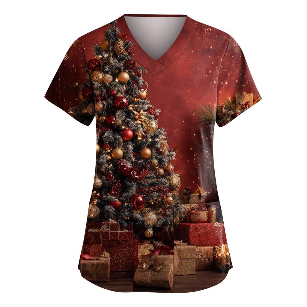 Women's Fashion V-Neck Short-Sleeved Workwear With Pockets Christmas Print Top Caregiver Uniform