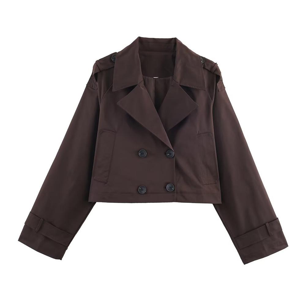 Women Double Breasted Lapel Short Trench Jacket Coat