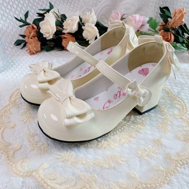 

Round head bow ballet versatile skirt Mary Jane single shoes low high heels small leather shoes princess 40