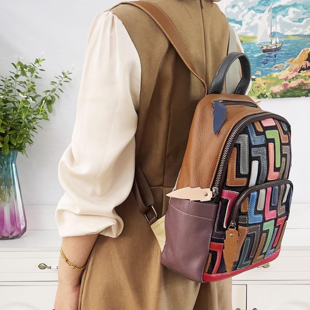 Echtleder Damen Tasche Farbige Rindsleder Patchwork Rucksack Retro Lässiger Rucksack Damen Tasche