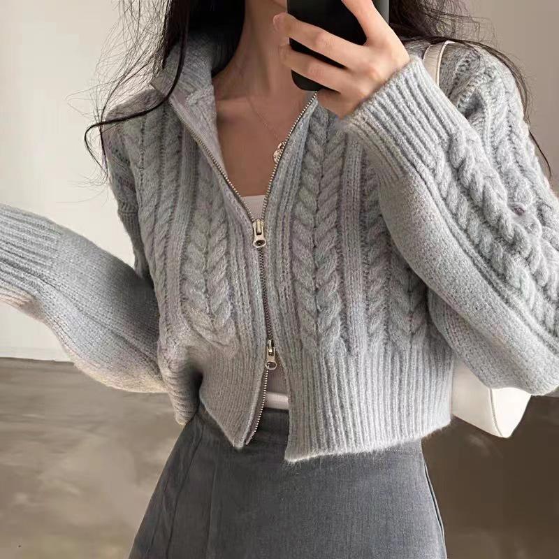 Autumn/Winter Korean Retro Short Double Zipper Cable Knit Women's Cardigan