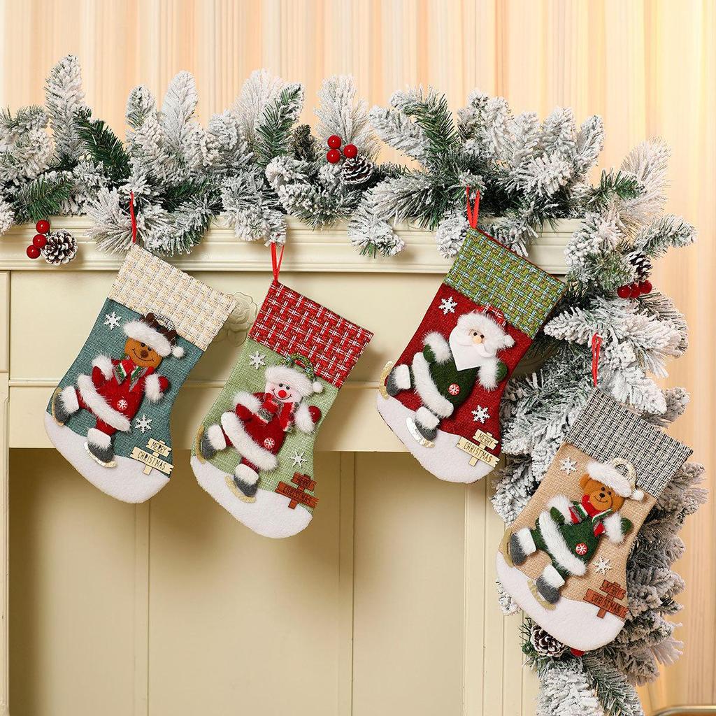 Burlap 3D Cartoon Christmas Stocking Gift & Candy Bag Pendant