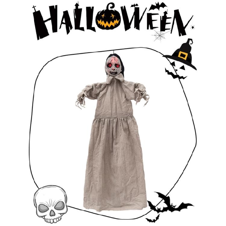 Electric Skeleton Girl Decoration for Halloween Party Entryways, Hanging Motor Animated Figure With Long Dress, Dark Hair, and Skeletal Hand