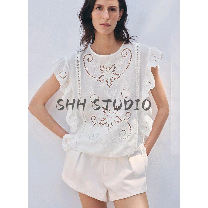 Spring and Summer New Women clothes French style Design round Neck Sleeveless Romantic Embroidery Hollow Top 5107051