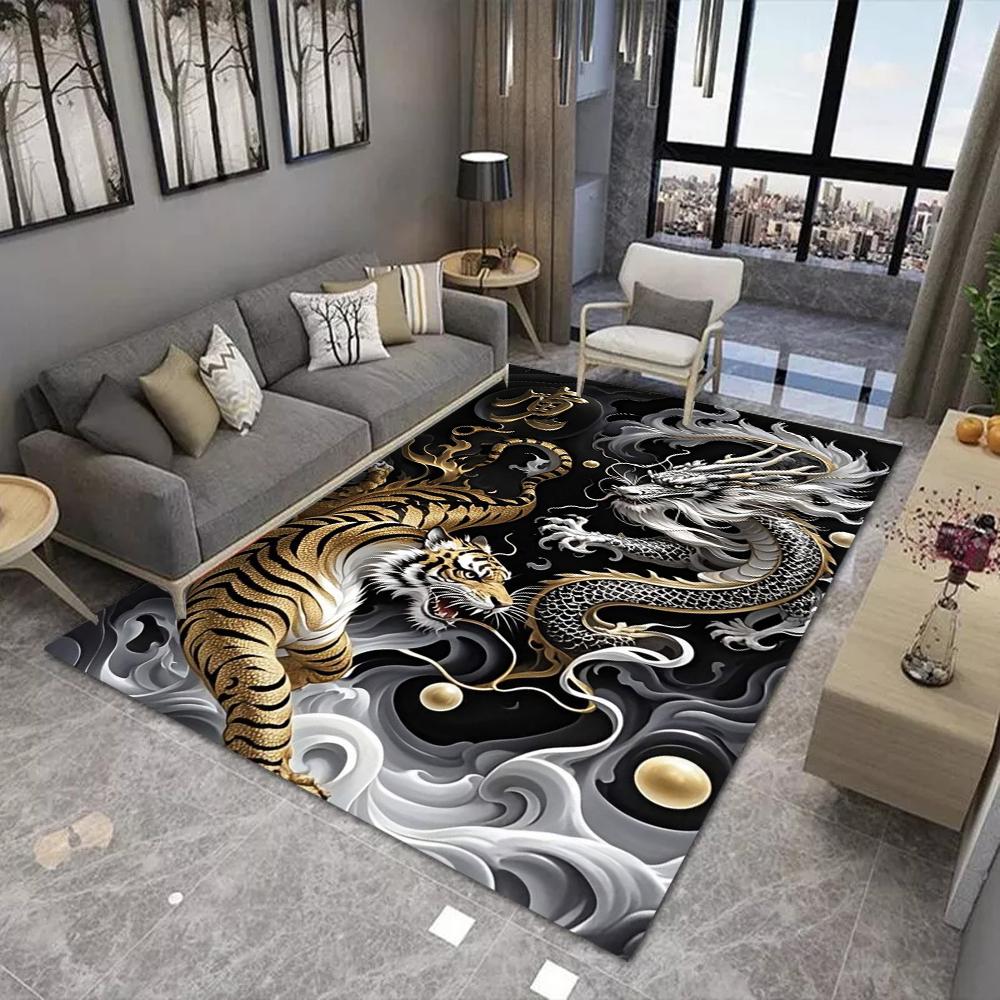 Eastern Mythology Dragon & White Tiger Carpet Chinese Style Power Theme Rug Home Decoration for Living Room Mat Indoor Carpets