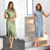 2026 Summer Womens Sexy Dress Elegant Solid Satin Swinging Neck Short Sleeve Dress Back Twisted Hollow Mid Length Dresses 28311