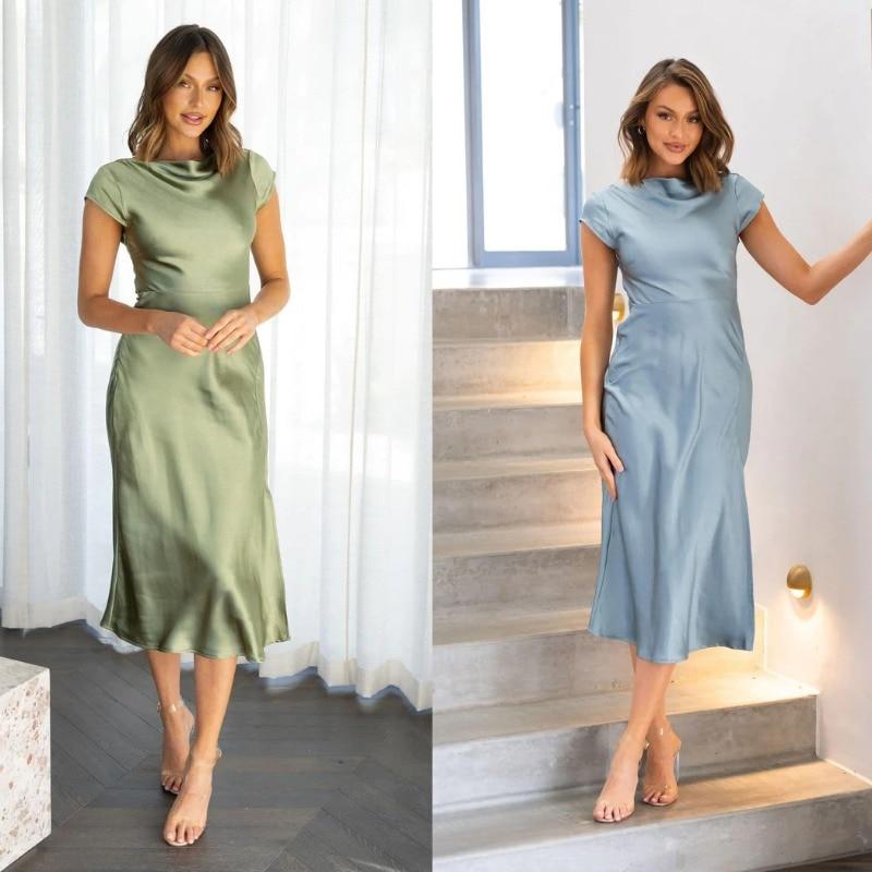 2026 Summer Womens Sexy Dress Elegant Solid Satin Swinging Neck Short Sleeve Dress Back Twisted Hollow Mid Length Dresses 28311
