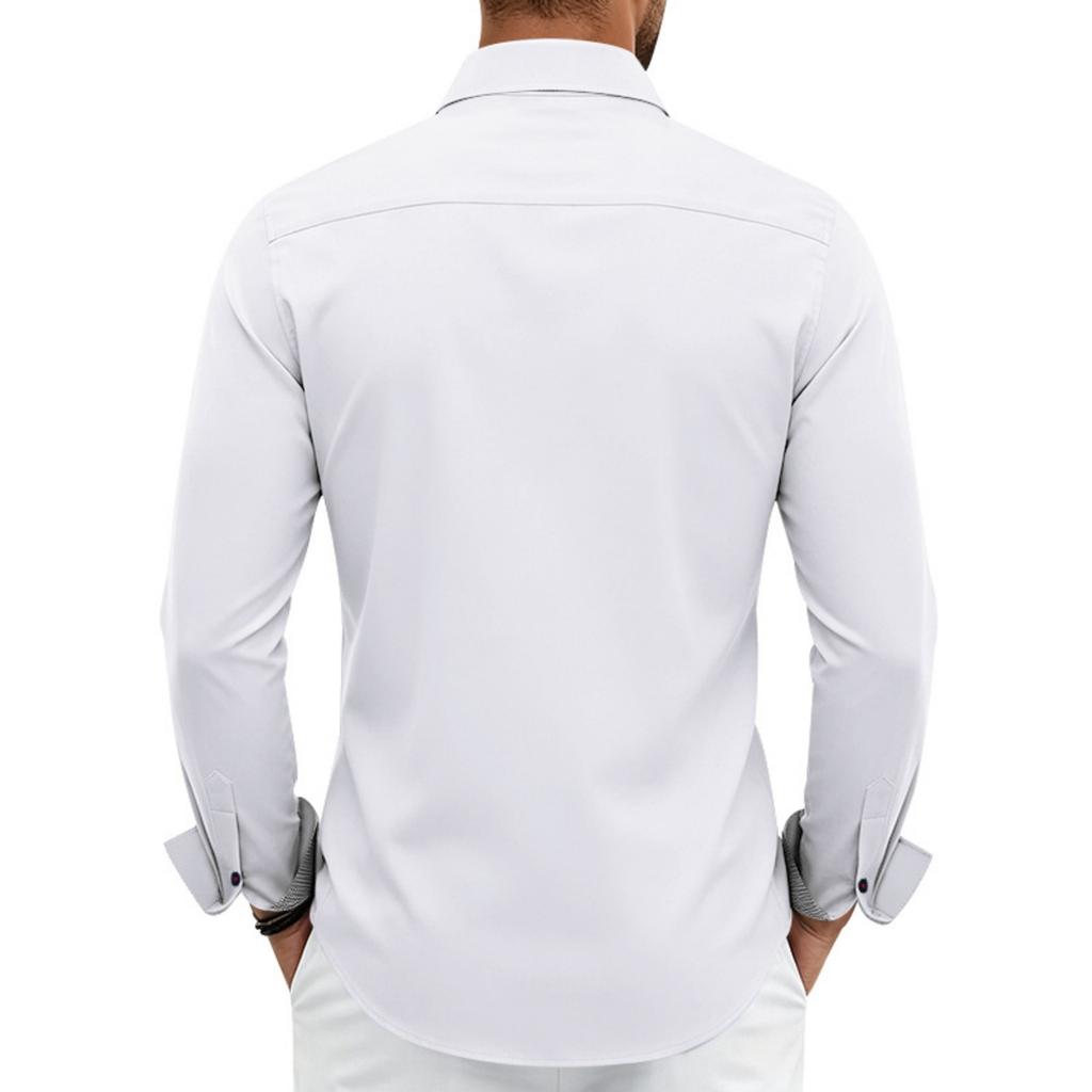 Men's Long Sleeve Stretch Dress Shirt, Business Casual Collar, Breathable Double Button Cuff
