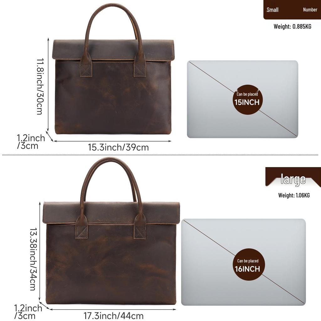 Men's Crazy Horse Leather Briefcase: Genuine Leather Business Casual Handbag with Computer and File Storage.