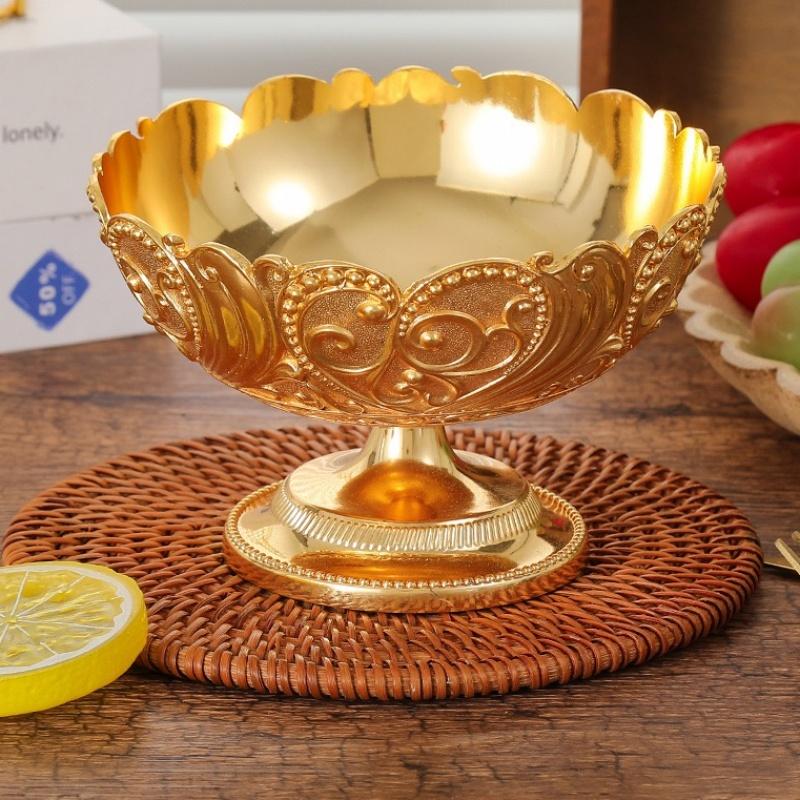 Europäischer Obstteller, Goldene Legierung Exquisite Gravur Blumen Süßigkeitenschale, Futternapf Snack-Teller, Party Schreibtisch Dekoration