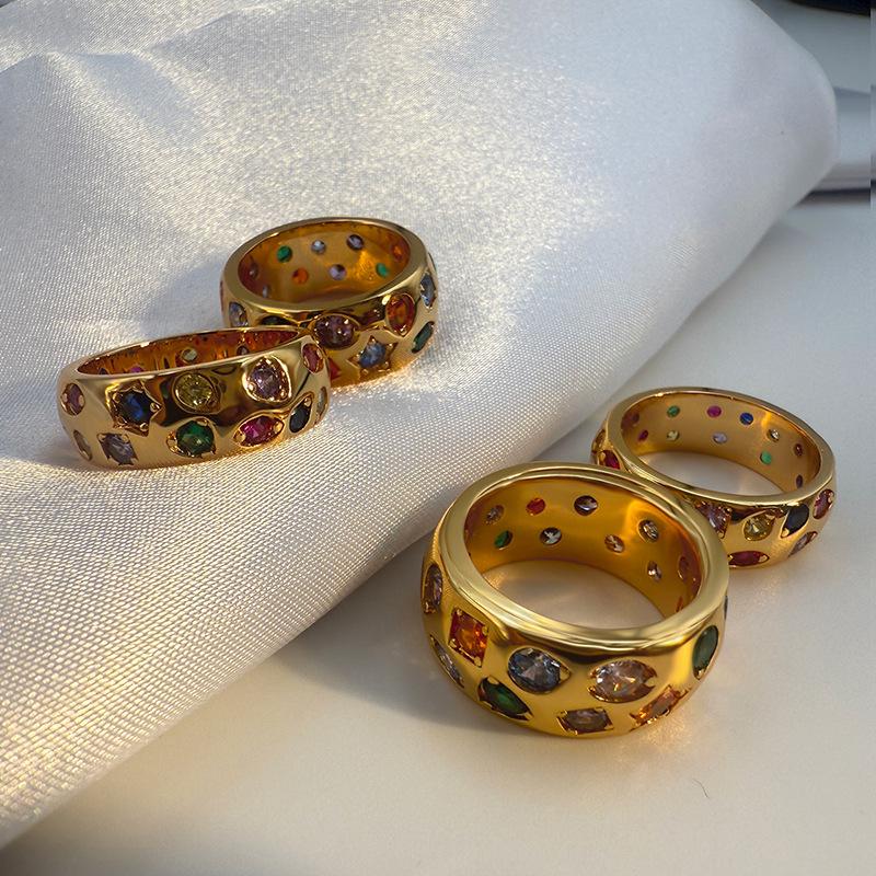 Inel la modă european și american cu zirconiu colorat încrustat – Design retro de lux ușor
