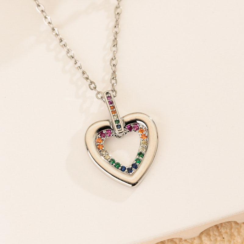 Gold & Silver Plated Rainbow CZ Hollow Heart Necklace, Delicate Jewelry for Women