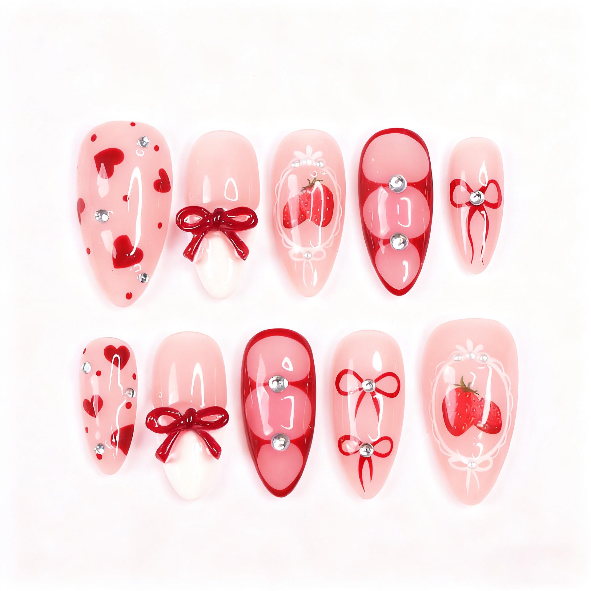 

In Stock: Handmade Valentine s Wearable Nail Art - Sweet Strawberry Almond Bow & Diamond Heart Design (30 Pieces) Strip Set (3 Full Diamond Sets)