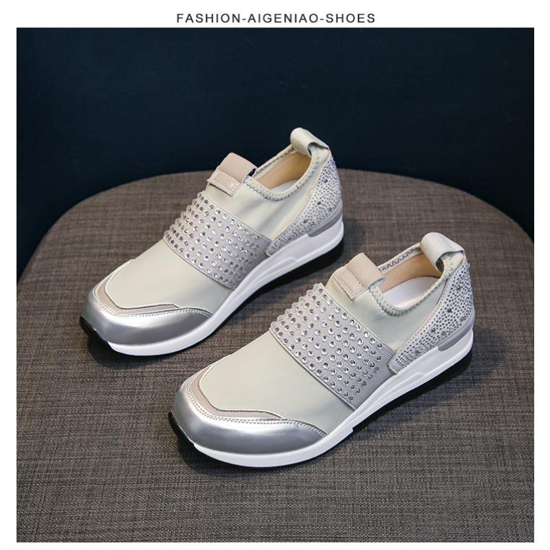 2025 Spring Korean Style Wedge Heel Rhinestone Slip-On Casual Flats for Women - Plus Size Round Toe Thick Sole Dad Shoes