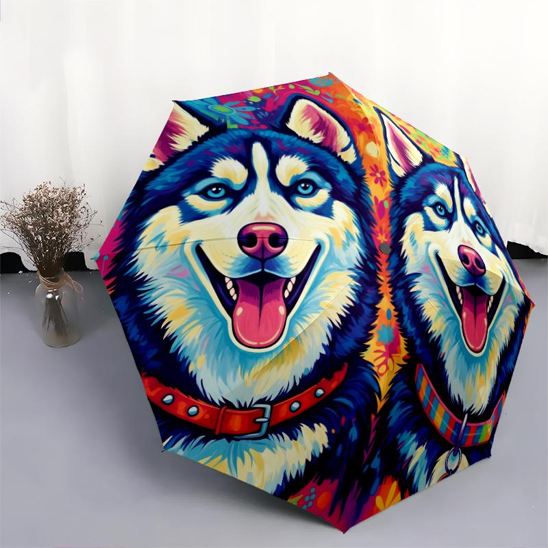 Colorful Husky pattern, automatic folding umbrella, portable and foldable design, 8 ribs, a Christmas or birthday gift.