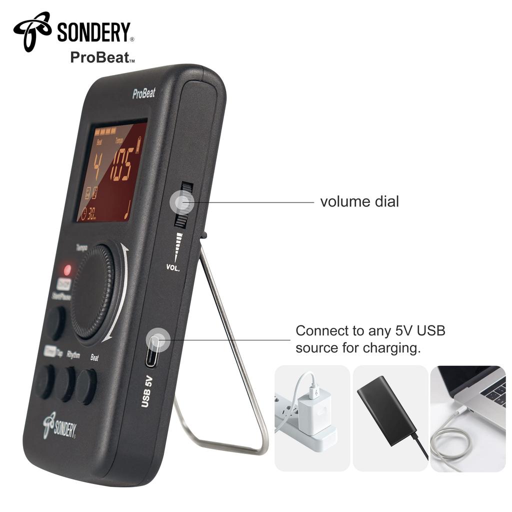 Sondery Electronic Metronome Human Voice Loud Volume Digital Guitar Drum 3 Sounds Rechargeable Lithium