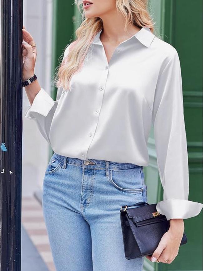 Elegant Women s Solid Color Satin Long Sleeve Shirt with Retro Buttons S