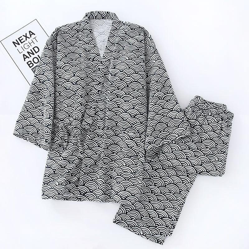 

Men s Cotton Kimono Robes Pajamas Clothes Thin Spring and Summer Home Clothes Loose Casual Men Robe Sets L чорний/білий