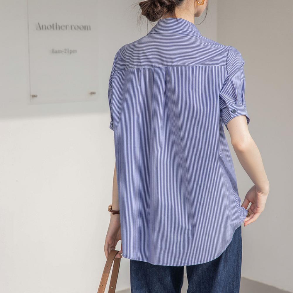 GMXIA Koszula damska w niebieskie paski z krótkim rękawem, letnia, damska, seniorska, z poczuciem mody, uniwersalna, dojeżdżająca do pracy, profesjonalna koszula