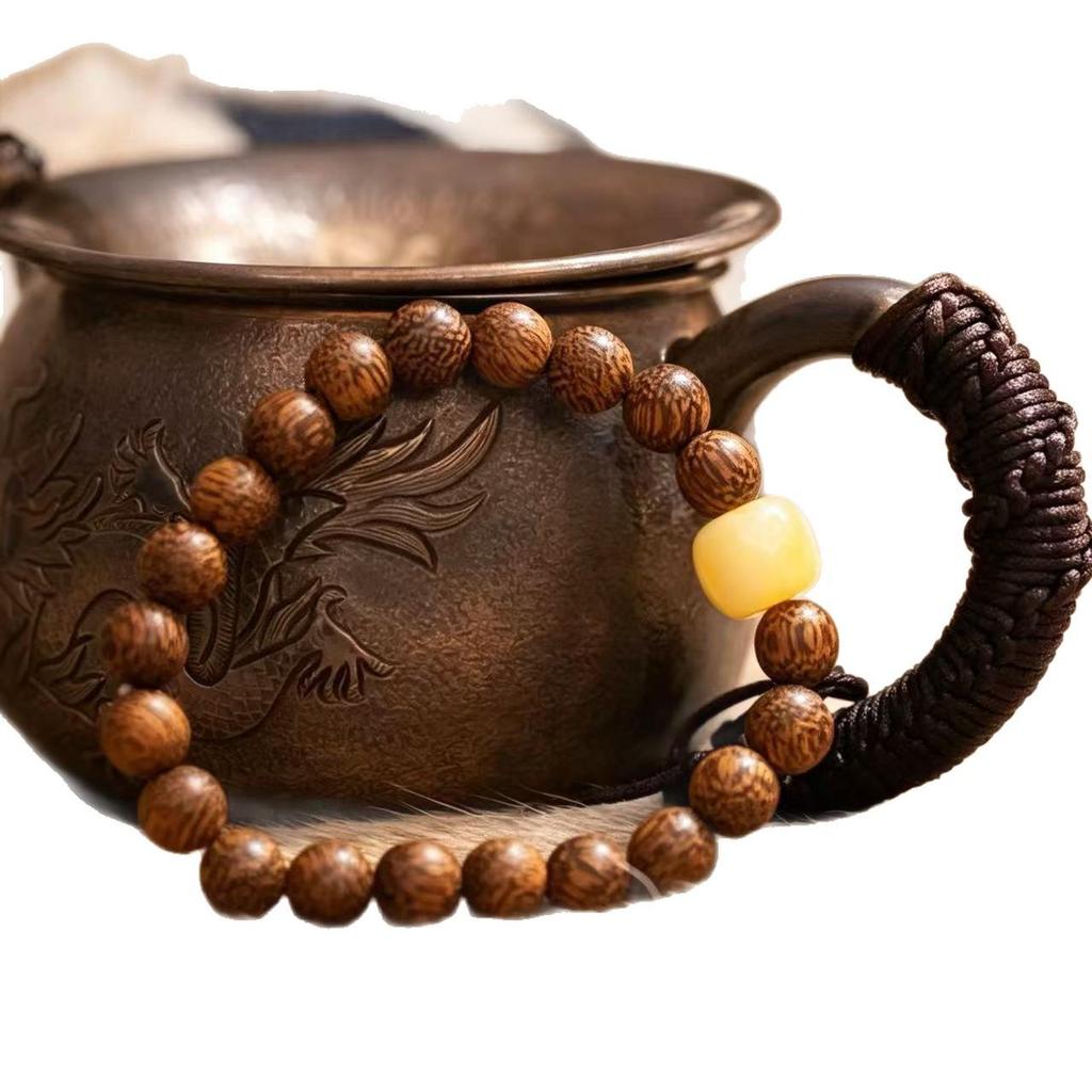 Exquisite Carved Agarwood & Imitation Beeswax Ethnic Buddhist Prayer Beads Bracelet for Women