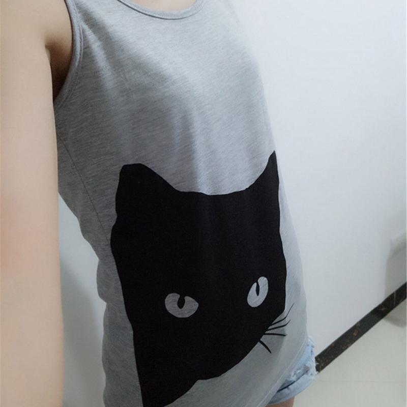 Women's Fashion Shirt Cat Printed Summer Tank Vest Tops 3 Colors