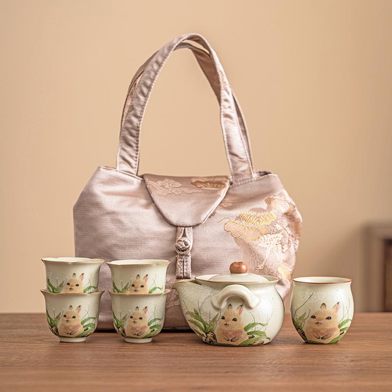 Rabbit Ru Ware Pot Single Binaural Anti-Scald Porcelain Tea Brewing Bowl with Cover Kung Fu Tea Set
