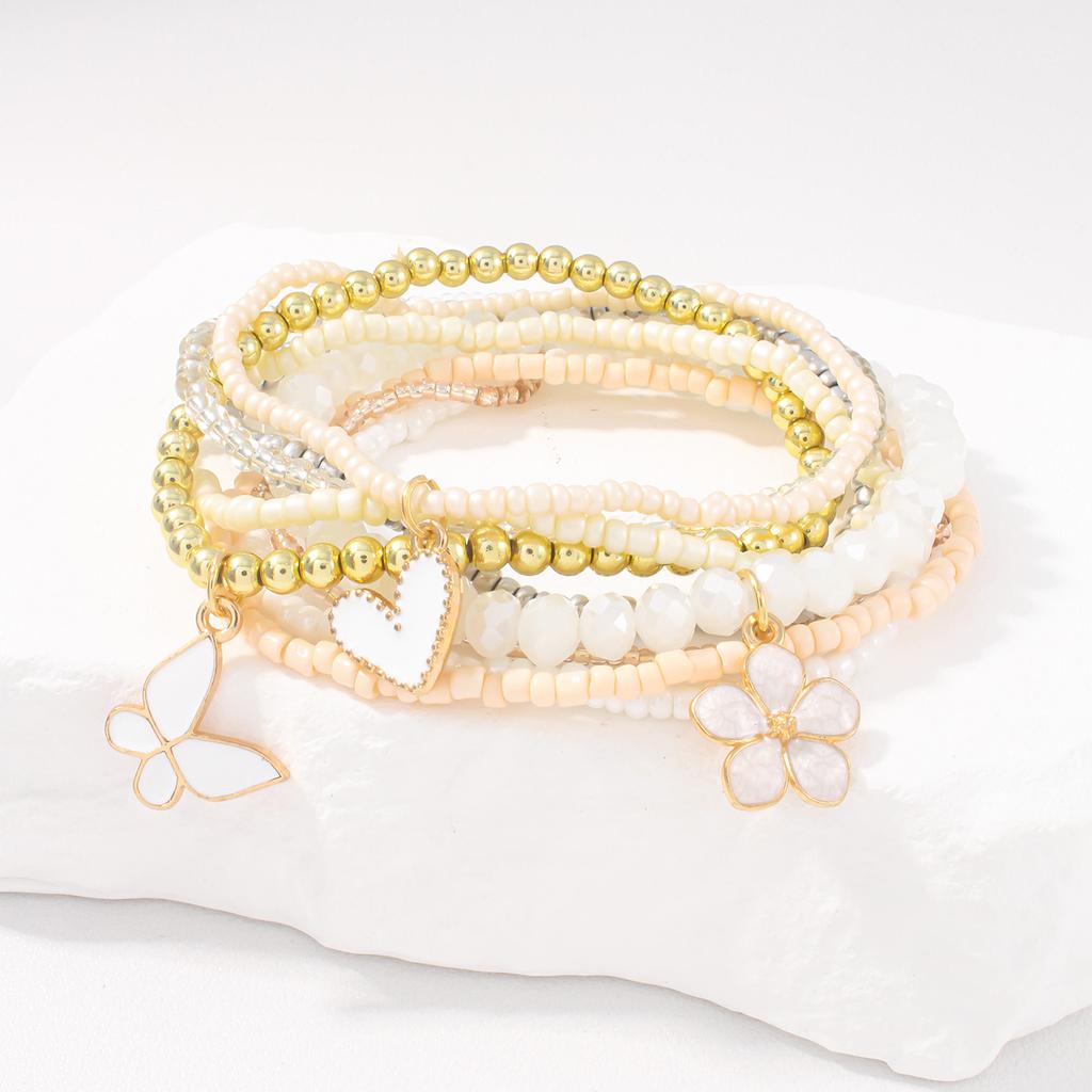 Fashion Heart-shaped Butterfly Flower Pendant Bracelet Bohemian Seed Bead Stacked Bracelet Women's Summer Beach Party Zircon