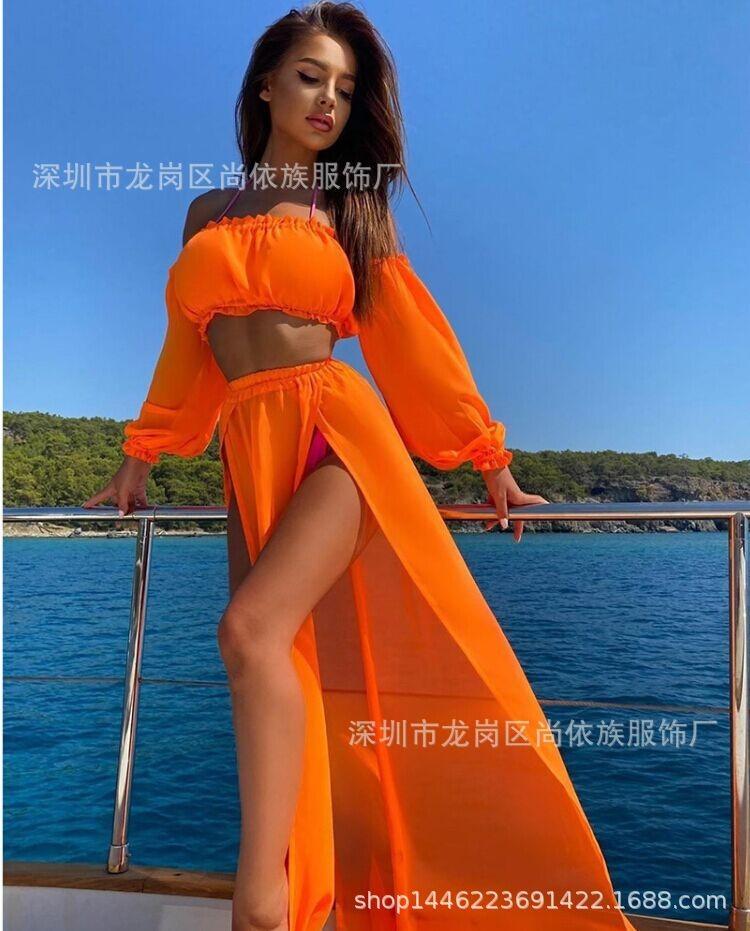 Women's Long Sleeved Solid Color Beach Vacation Sunscreen Suit Two-piece Cover Up Shirt