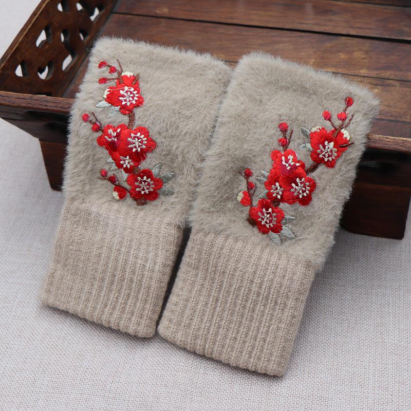 Embroidered Ethnic Style Half-Finger Warm Gloves for Autumn & Winter