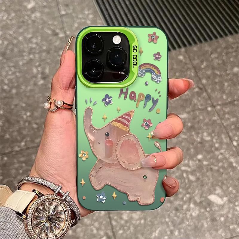 Oil Painting Elephant Silver Phone Case for iPhone 12 Pro Max/13/14/15 Plus/16/17