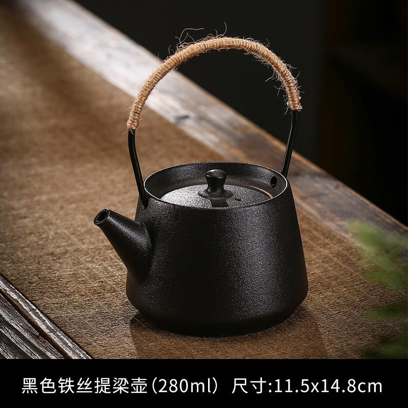 Rope Handle Ceramic Teapot Retro Style Gongfu Teapot Natural Jute Rope & Pottery No-Scald Design Daily Brewing Companion