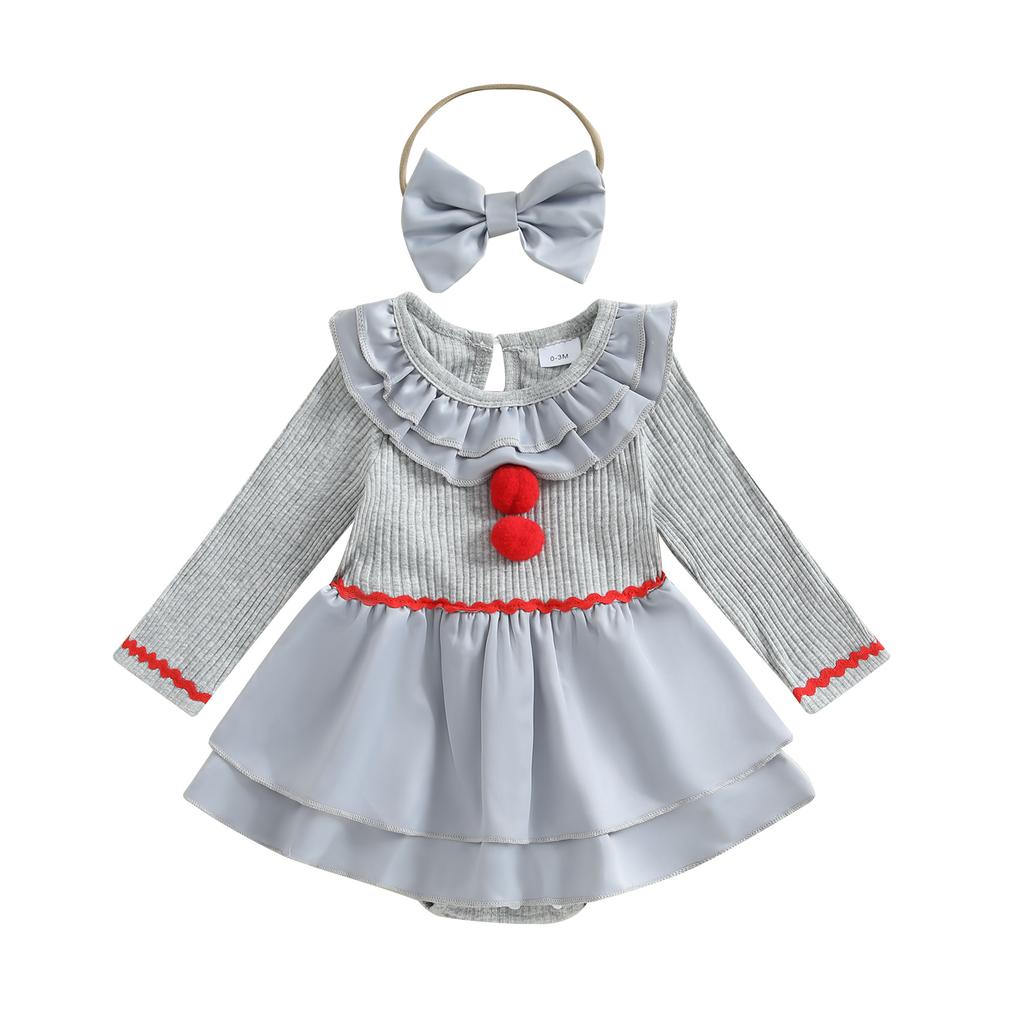 Baby Meisjes Romper met Lange Mouwen Patchwork Bontbal Poppenkraag Jumpsuits en Schattige Hoofdband Set voor Peuters