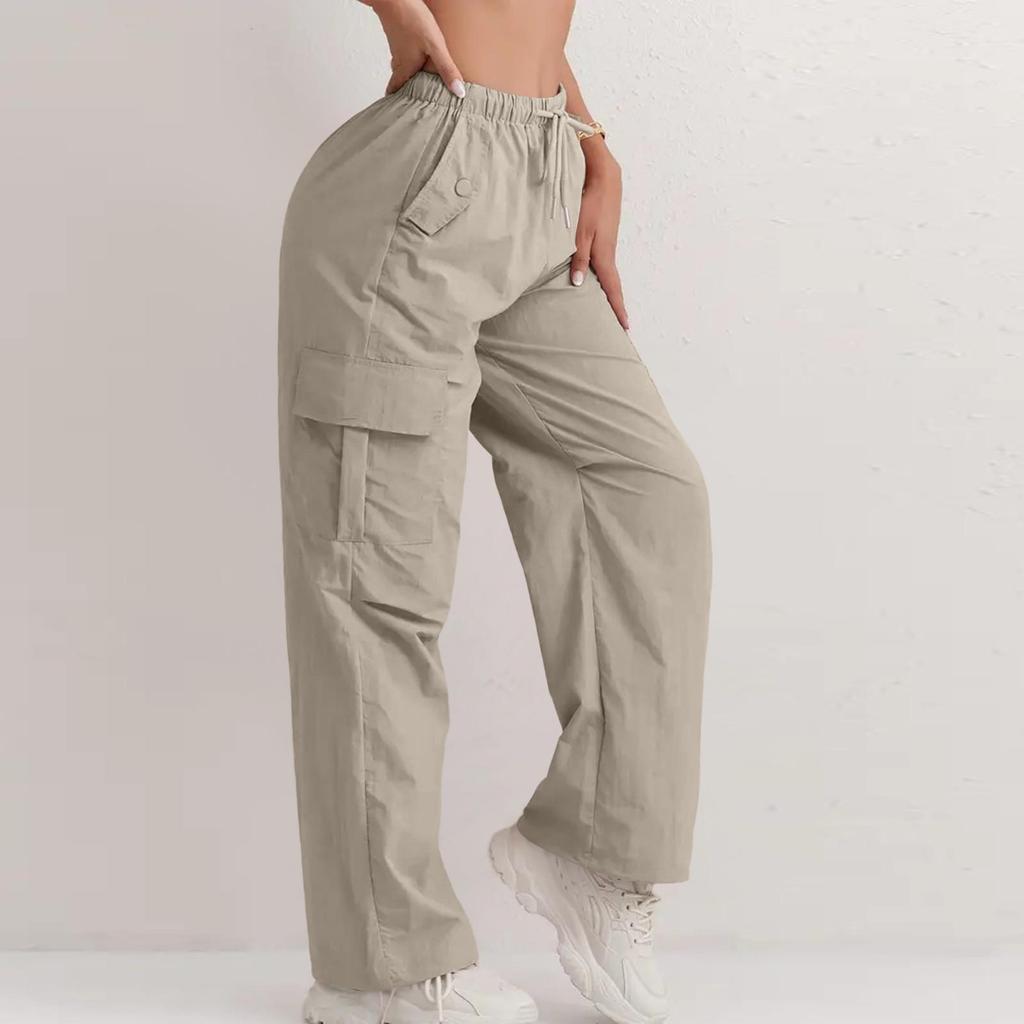 Women's Solid Color High-waisted Quick-drying Pants With Drawstring Casual Wide-leg Sports Cargo Pants