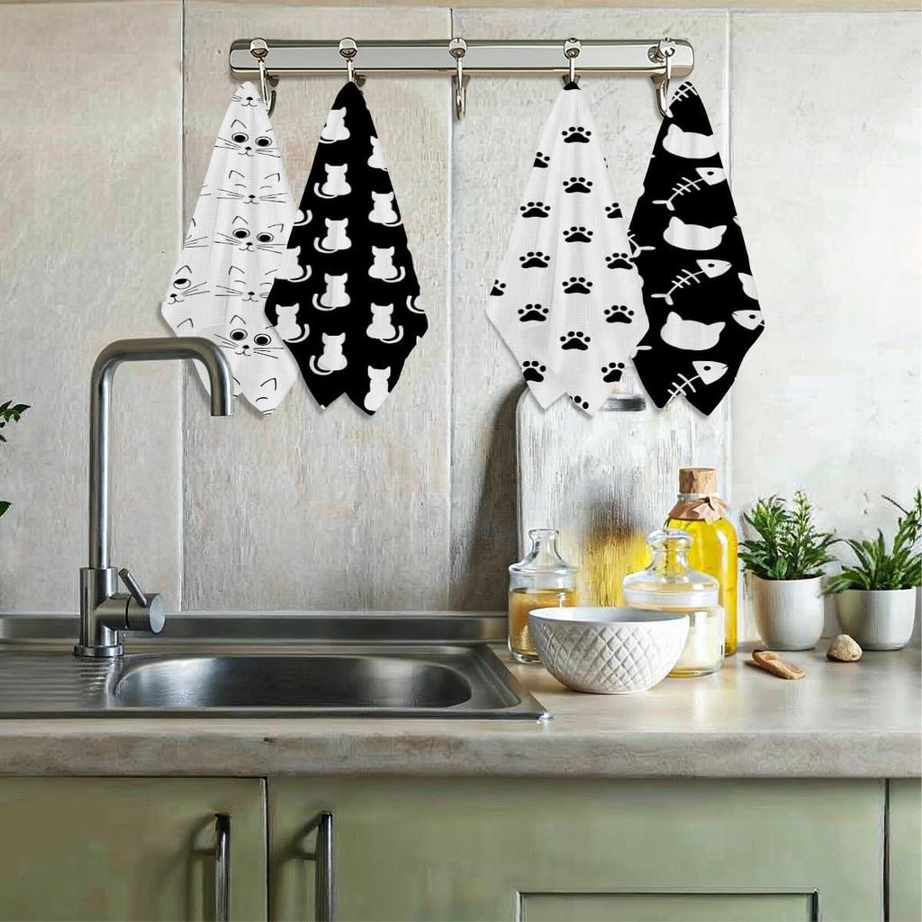 4 Pcs Cute Cat Kitchen Towels, Cat Paw Decorative Absorbent Microfiber Dish Cloth Tea Towel, Cats Waffle Soft Hand Towels for Farmhouse Home Bathroom