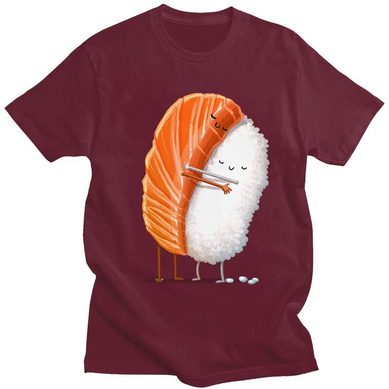 Anpassade Söta Sushi-Kram T-shirts för Män Kortärmad Fritids-T-shirt Cool Tecknad Japansk Mat T-shirt Lös Passform 100% Bomull T-shirts