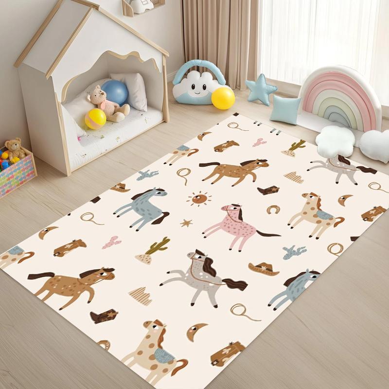 Kids' Playroom Rug Horse Patterned Area Rug Non Slip Mat for Children's Room Colorful Cartoon Design Easy To Clean Home Decor