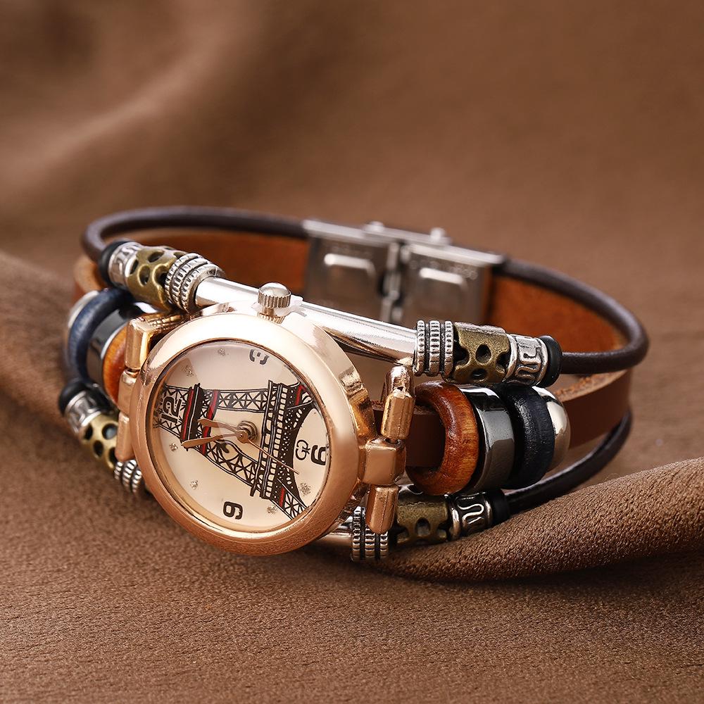 Retro Multi-Style Cowhide Quartz Bracelet Watch - Handmade Multi-Layer Stainless Steel Circle Jewelry