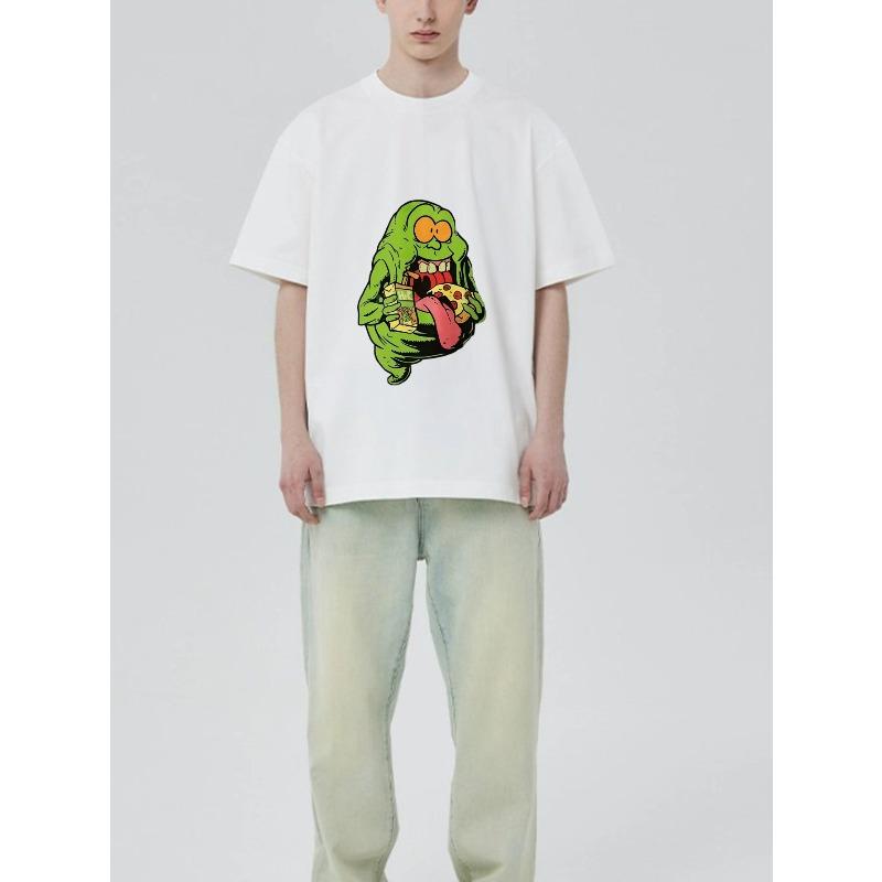 Übergroßes T-Shirt Schwarz Grün Monster isst Pizza und Soda Grafikdruck Lässige Streetwear für Männer und Frauen